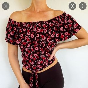 Express Floral Tie Front Off-Shoulder Top
